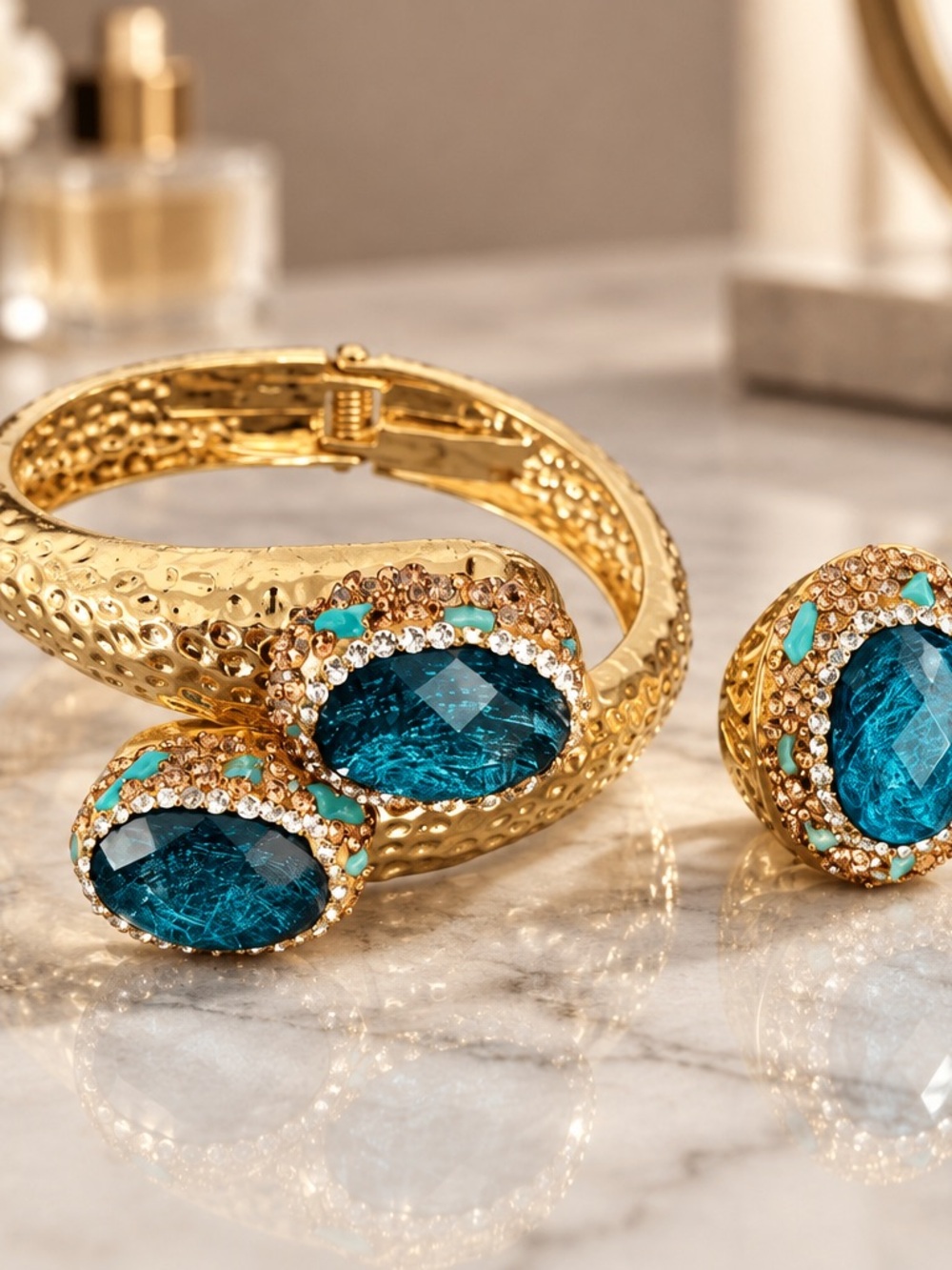 Gold tone Bracelet and Ring Set with Teal Blue Gemstones